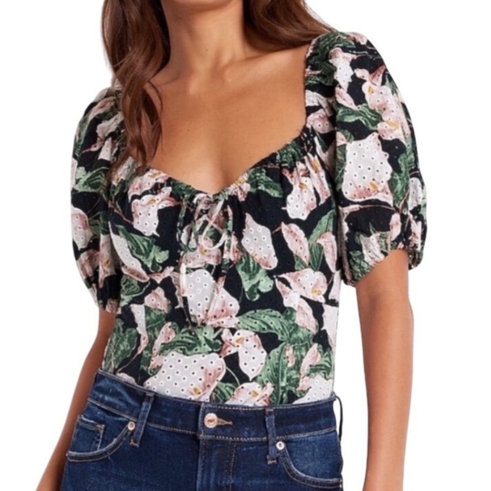 Express Eyelet Puff Sleeve Bodysuit Smocked Dark Floral Black XL Cottagecore